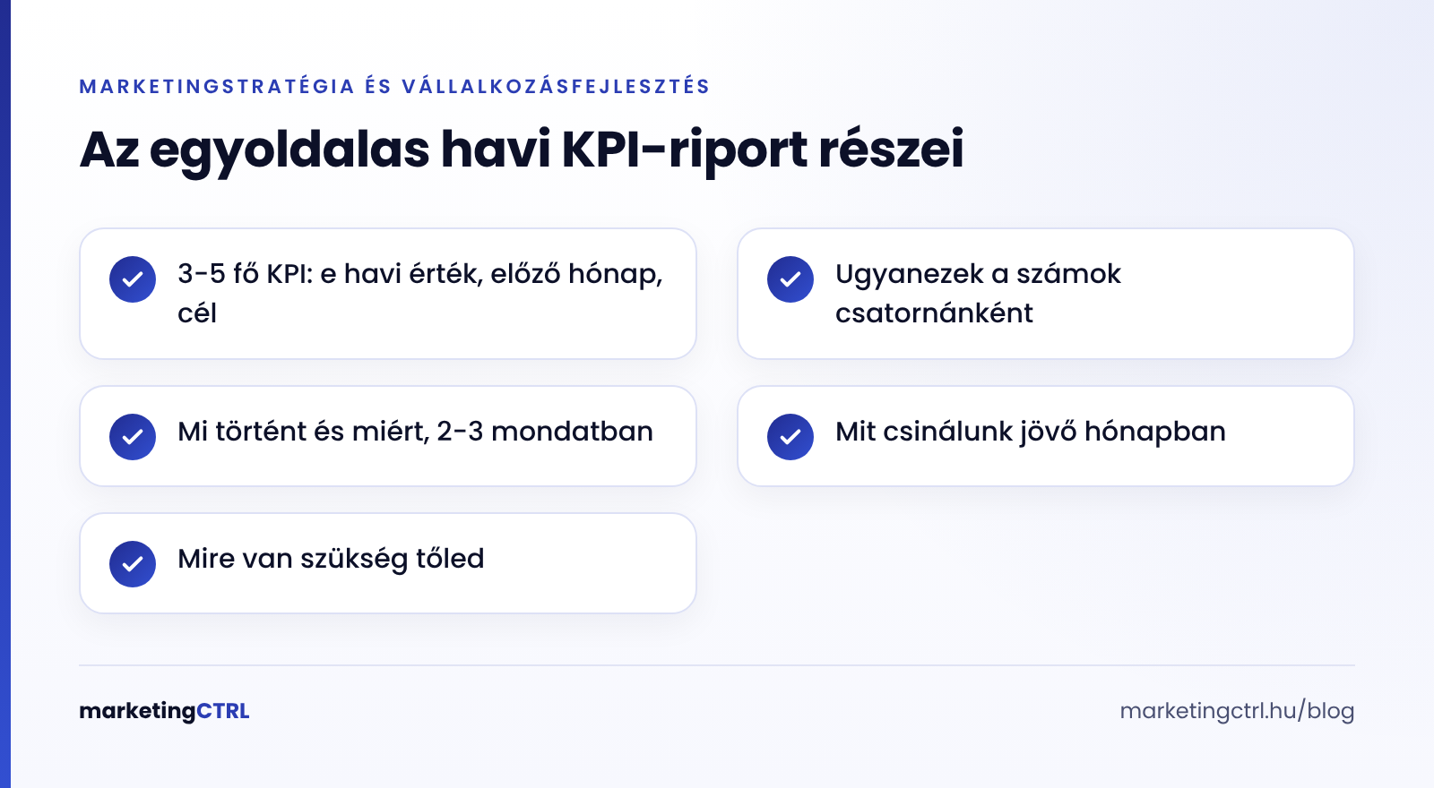 Havi marketing KPI riport egy oldalon: a riport öt része