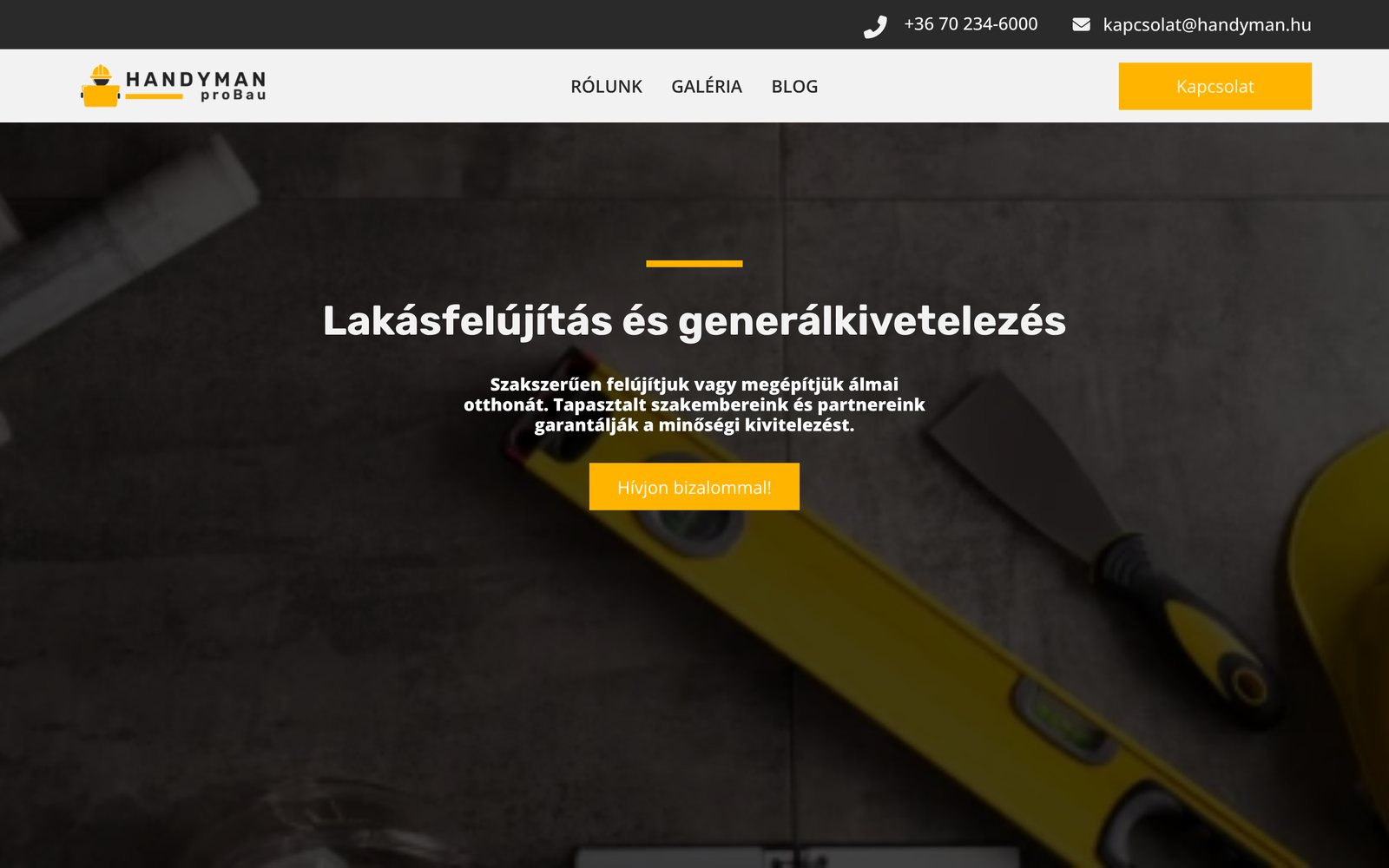 A handyman.hu nyitóoldala asztali nézetben