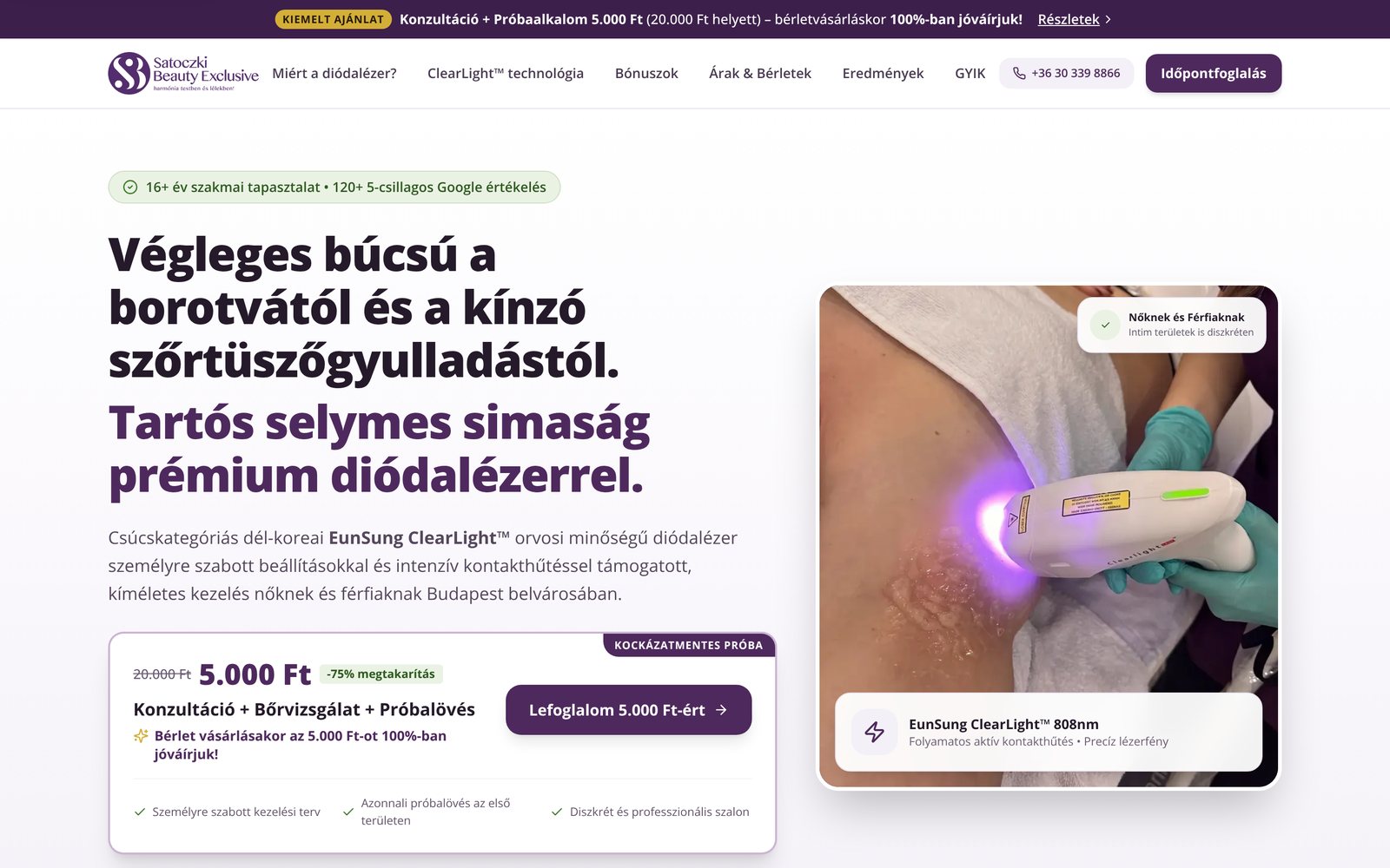 A diódalézeres szőrtelenítés landing oldala asztali nézetben