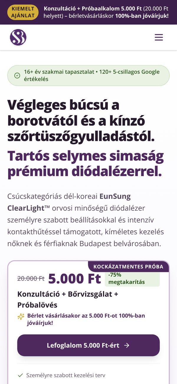 A diódalézeres szőrtelenítés landing oldala mobilon