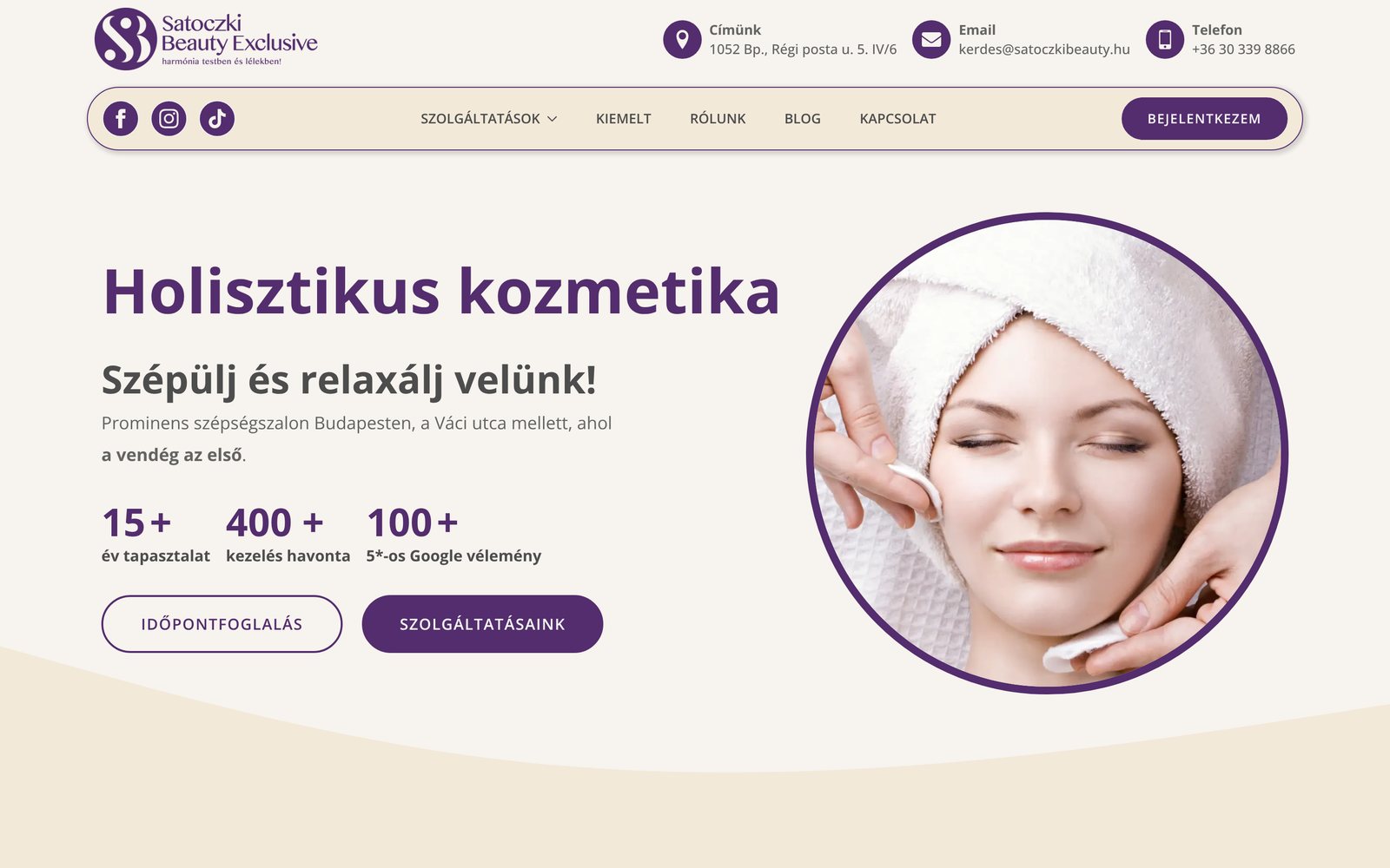A satoczkibeauty.hu nyitóoldala asztali nézetben
