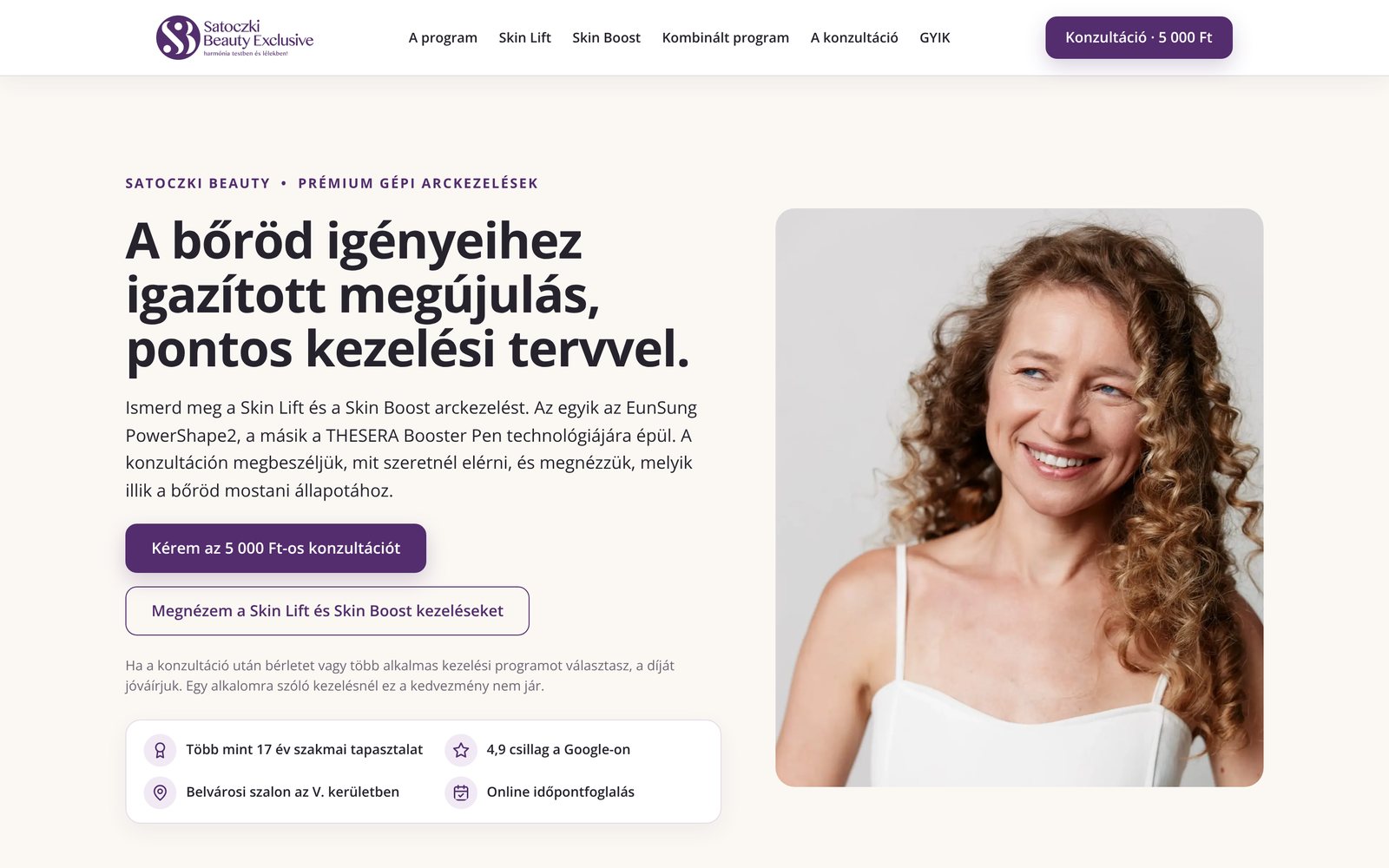 A Skin Lift & Boost arckezelés landing oldala asztali nézetben