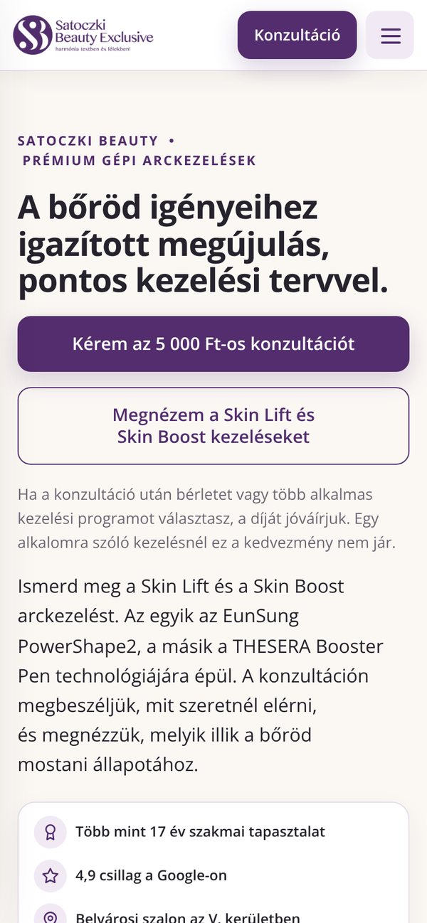 A Skin Lift & Boost arckezelés landing oldala mobilon